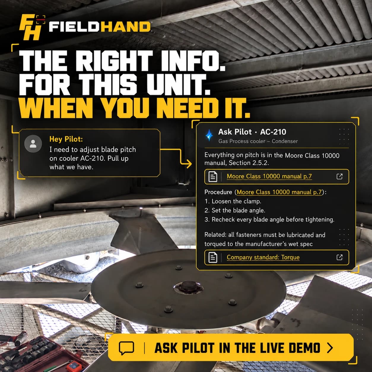 The right info, for this unit, when you need it — Pilot pulls the blade-pitch procedure with cited sources