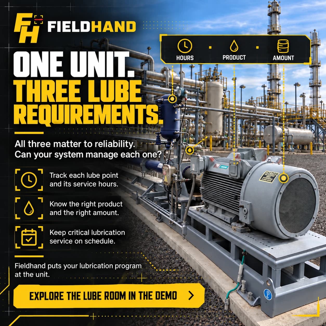One unit, three lube requirements — hours, product, and amount tracked at every lube point